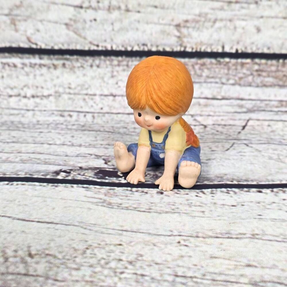 Vintage 1980 Enesco Child Figurine Girl Sitting Denim